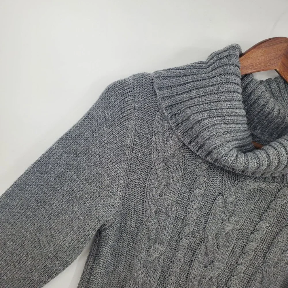 Womens Cowl Neck Cable Knit Tunic Sweater Size M‎ Gray Pockets Long Sleeve